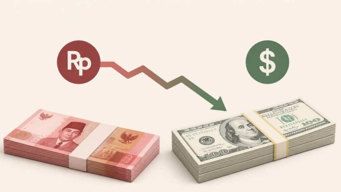 Ilustrasi uang rupiah dan dolar Amerika Serikat yang menggambarkan pergerakan nilai tukar rupiah terhadap dolar AS pada perdagangan 28 Juli 2026.